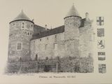 a picture of a drawing of a castle with a clock on it