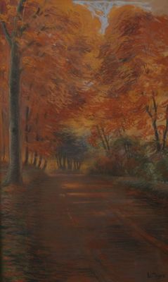 une peinture à l'huile représentant une route bordée d'arbres en automne