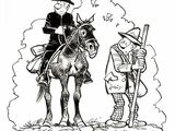 an old cartoon drawing of a man riding a horse next to a man on a horse