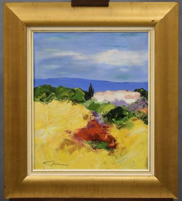 a painting of a yellow field with a house in the distance