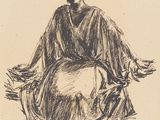 dessin représentant une femme assise sur une chaise, les jambes croisées