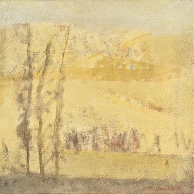 une image d'un tableau représentant un paysage avec des arbres au premier plan