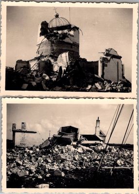 two black and white photos of a building that has been destroyed