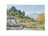 watercolor painting of a landscape with rocks and trees in the foreground