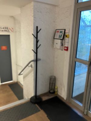 a black mat on the floor in front of a door