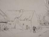 pencil drawing of a man standing in front of a house with a horse and buggy