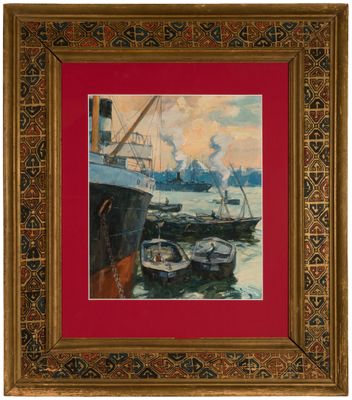 une peinture à l'huile représentant des bateaux dans un port, sur fond rouge