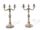 pair of antique silver plated candlesticks on pedestals