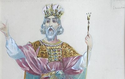 un tableau représentant un homme coiffé d'une couronne et tenant un bâton
