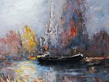 a painting of a boat on a river with trees in the background