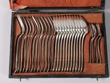 many forks and spoons in a case on the table