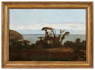 une peinture à l'huile représentant un paysage avec des arbres et un plan d'eau