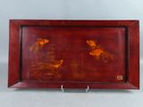 a picture of a red tray with birds on it