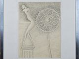a drawing of a woman standing on top of a pole next to a flower