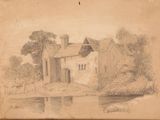 an old drawing of a house near a body of water