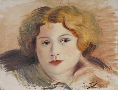 tableau représentant le portrait d'une femme aux cheveux roux portant un col en fourrure