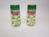 deux salières et poivrières vertes et blanches ornées de fleurs roses
