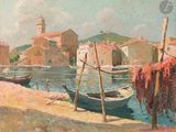 un tableau représentant des bateaux amarrés dans un port, avec des bâtiments en arrière-plan
