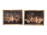 pair of 19th century oil paintings of a family in a living room