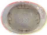 a close up of a helmet with writing on it