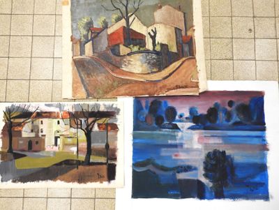 three paintings of houses and a tree on a tile floor