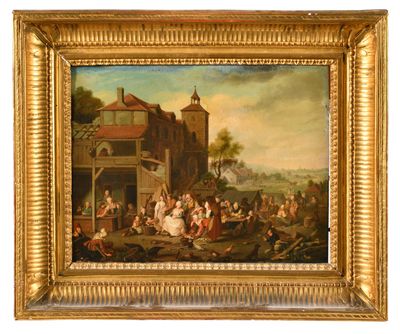 an oil painting of a group of people gathered around a building