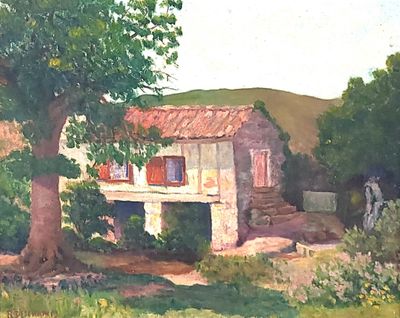 a painting of a house in the middle of a field