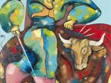 a painting of a man on a bull with a sword