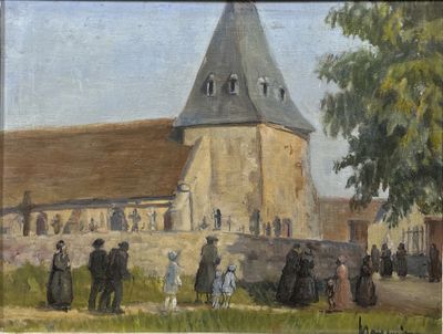 tableau représentant un groupe de personnes debout devant une église