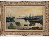 a painting of a harbor scene with boats in the water