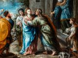 an image of a painting of a group of people standing around a man