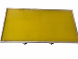 a close up of a yellow display screen on a white background