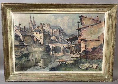an image of a painting of a town by a river