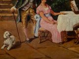 a painting of a man and a woman sitting at a table with a dog