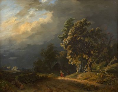 une image représentant un tableau où l'on voit un homme et une femme marchant sur un chemin de terre