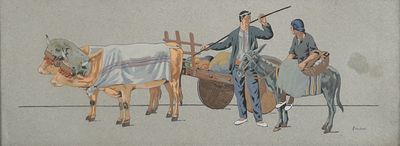 a painting of a man on a horse pulling a cart with a man on it
