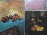 tableaux représentant des fruits et des légumes posés sur une table recouverte d'une nappe bleue