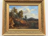a painting of a landscape with a river in the foreground and a mountain in the background
