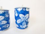 une paire de vases bleus et blancs ornés de feuilles sur un fond blanc