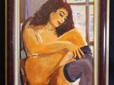 an oil painting of a woman sitting in a chair with her legs crossed
