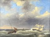 un tableau représentant un bateau dans l'océan, avec un autre bateau dans l'eau