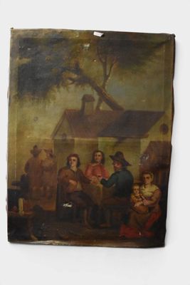tableau représentant un groupe de personnes assises autour d'une table devant une maison