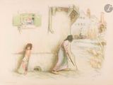 un dessin représentant une femme et un enfant debout devant une porte