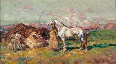 tableau représentant un cheval blanc debout dans un champ, à côté d'un groupe de personnes