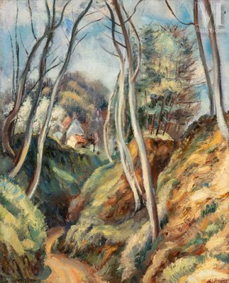 un tableau représentant un chemin de terre avec des arbres et des maisons en arrière-plan