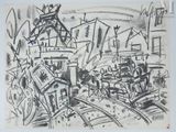 drawing of a black and white drawing of a city with a windmill