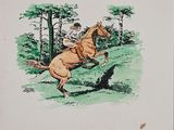 un dessin représentant un homme à cheval dans les bois