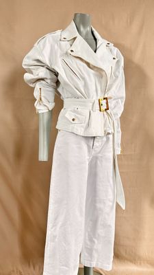 an image of a mannequin dressed in a white coat and pants