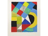 une peinture représentant un carré orné de différentes couleurs et formes