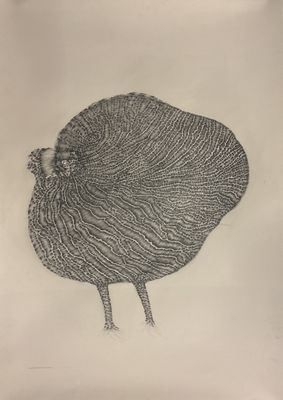 un dessin représentant un poulet dans une assiette posée sur une table
